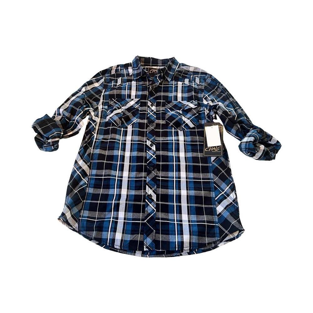 CHALC Men's Blue‎ Plaid Button Up Long Sleeve Shirt Size Medium Nwt Western